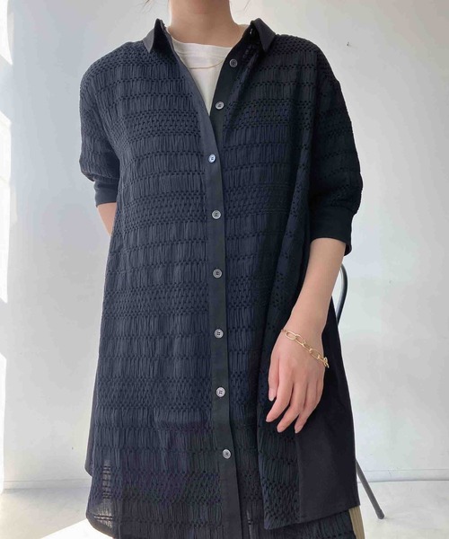 AS KNOW AS plus(アズノゥアズプラス)の「〇カットソー切り替え7分袖シャツワンピース(シャツワンピース・レディース・ベージュ系/ブラック系/ネイビー系/グレー系・FREE)」の18枚目の写真