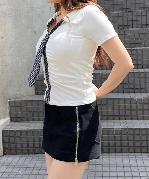 ROGER AND RAW（ロジャーアンドロウ）の「[カップ付き] ネクタイ付きスキッパーTシャツ（Tシャツ/カットソー・レディース・ブラック/グレー/ホワイト・FREE）」の8枚目の写真