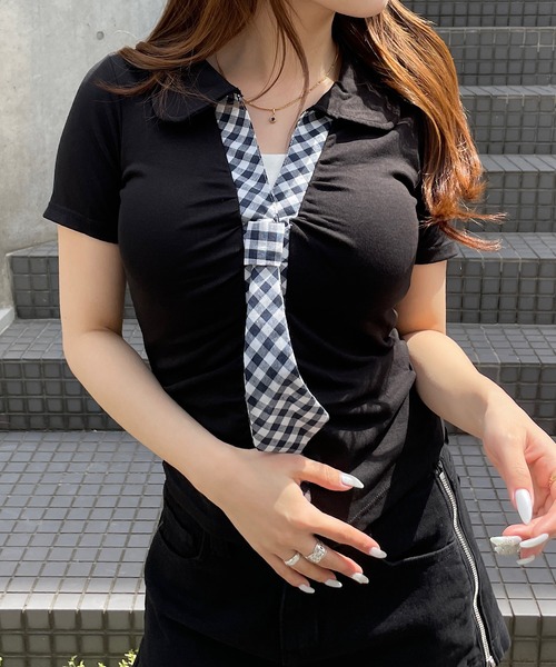 ROGER AND RAW（ロジャーアンドロウ）の「[カップ付き] ネクタイ付きスキッパーTシャツ（Tシャツ/カットソー・レディース・ブラック/グレー/ホワイト・FREE）」の10枚目の写真