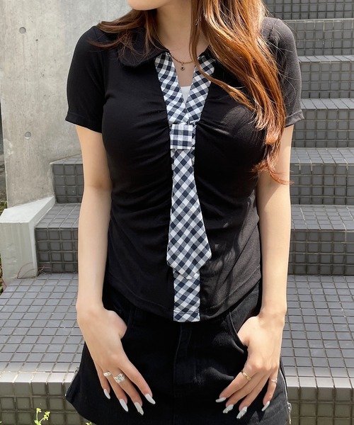 ROGER AND RAW（ロジャーアンドロウ）の「[カップ付き] ネクタイ付きスキッパーTシャツ（Tシャツ/カットソー・レディース・ブラック/グレー/ホワイト・FREE）」の11枚目の写真