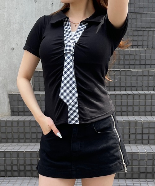 ROGER AND RAW（ロジャーアンドロウ）の「[カップ付き] ネクタイ付きスキッパーTシャツ（Tシャツ/カットソー・レディース・ブラック/グレー/ホワイト・FREE）」の14枚目の写真