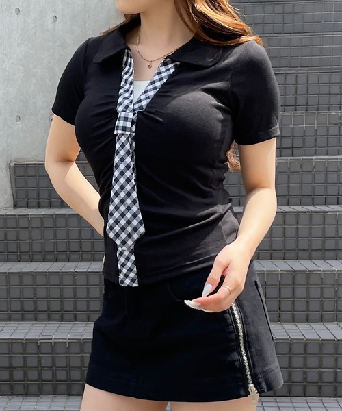 ROGER AND RAW（ロジャーアンドロウ）の「[カップ付き] ネクタイ付きスキッパーTシャツ（Tシャツ/カットソー・レディース・ブラック/グレー/ホワイト・FREE）」の15枚目の写真