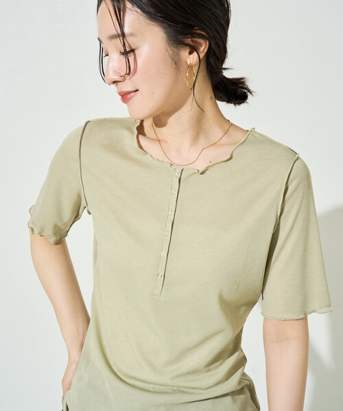 FREAK'S STORE(フリークスストア)の「限定展開 シアー テレコ メロー ヘンリー ネック 半袖 プルオーバー(Tシャツ/カットソー・レディース・ピンク/ブラック/ブルーグリーン/グレー/ナチュラル・フリ-)」の4枚目の写真