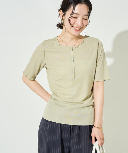 FREAK'S STORE(フリークスストア)の「限定展開 シアー テレコ メロー ヘンリー ネック 半袖 プルオーバー(Tシャツ/カットソー・レディース・ピンク/ブラック/ブルーグリーン/グレー/ナチュラル・フリ-)」の8枚目の写真