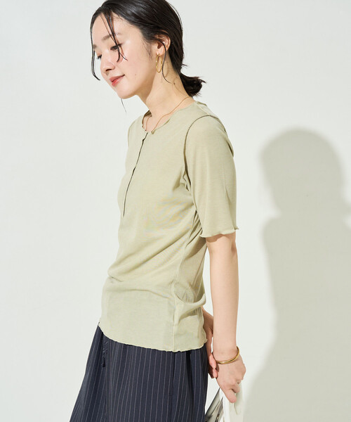 FREAK'S STORE(フリークスストア)の「限定展開 シアー テレコ メロー ヘンリー ネック 半袖 プルオーバー(Tシャツ/カットソー・レディース・ピンク/ブラック/ブルーグリーン/グレー/ナチュラル・フリ-)」の9枚目の写真