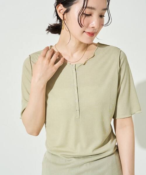 FREAK'S STORE(フリークスストア)の「限定展開 シアー テレコ メロー ヘンリー ネック 半袖 プルオーバー(Tシャツ/カットソー・レディース・ピンク/ブラック/ブルーグリーン/グレー/ナチュラル・フリ-)」の11枚目の写真