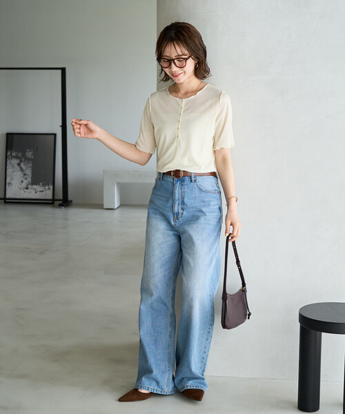 FREAK'S STORE(フリークスストア)の「限定展開 シアー テレコ メロー ヘンリー ネック 半袖 プルオーバー(Tシャツ/カットソー・レディース・ピンク/ブラック/ブルーグリーン/グレー/ナチュラル・フリ-)」の13枚目の写真