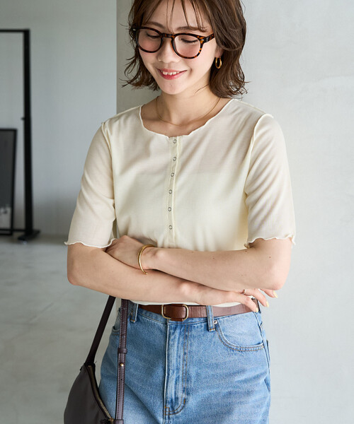 FREAK'S STORE(フリークスストア)の「限定展開 シアー テレコ メロー ヘンリー ネック 半袖 プルオーバー(Tシャツ/カットソー・レディース・ピンク/ブラック/ブルーグリーン/グレー/ナチュラル・フリ-)」の15枚目の写真