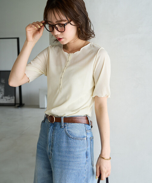 FREAK'S STORE(フリークスストア)の「限定展開 シアー テレコ メロー ヘンリー ネック 半袖 プルオーバー(Tシャツ/カットソー・レディース・ピンク/ブラック/ブルーグリーン/グレー/ナチュラル・フリ-)」の16枚目の写真