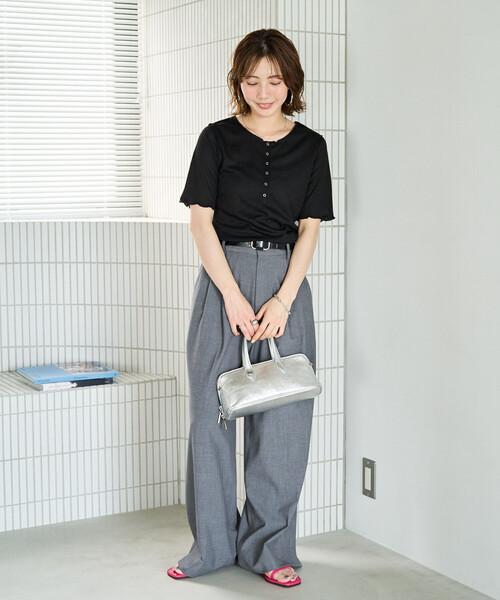 FREAK'S STORE(フリークスストア)の「限定展開 シアー テレコ メロー ヘンリー ネック 半袖 プルオーバー(Tシャツ/カットソー・レディース・ピンク/ブラック/ブルーグリーン/グレー/ナチュラル・フリ-)」の19枚目の写真