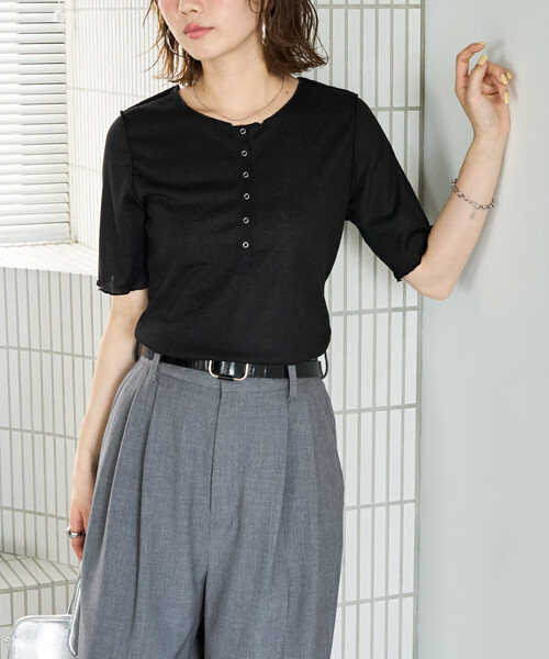 FREAK'S STORE(フリークスストア)の「限定展開 シアー テレコ メロー ヘンリー ネック 半袖 プルオーバー(Tシャツ/カットソー・レディース・ピンク/ブラック/ブルーグリーン/グレー/ナチュラル・フリ-)」の21枚目の写真