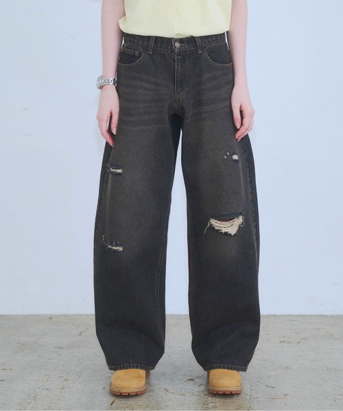Zooodle(ズードル)の「Damaged wide denim pants - ダメージワイドデニムパンツ -(デニムパンツ・メンズ・ブルー/ブラック・MEDIUM/LARGE)」の1枚目の写真