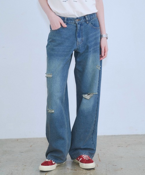 Zooodle(ズードル)の「Damaged wide denim pants - ダメージワイドデニムパンツ -(デニムパンツ・メンズ・ブルー/ブラック・MEDIUM/LARGE)」の4枚目の写真