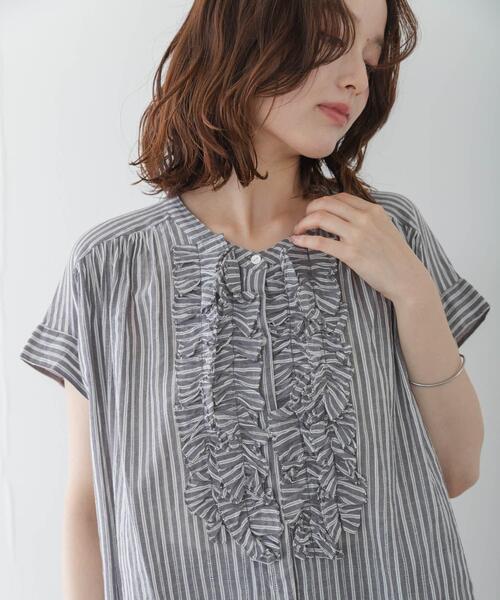 URBAN RESEARCH Sonny Label（アーバンリサーチサニーレーベル）の「ドビーストライプフリルフレンチシャツ（シャツ/ブラウス・レディース・ミント/グレー/ブルー・FREE）」の2枚目の写真