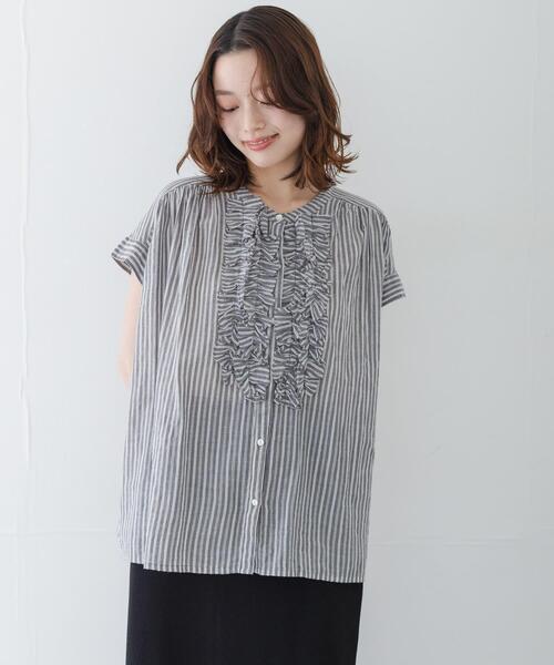URBAN RESEARCH Sonny Label（アーバンリサーチサニーレーベル）の「ドビーストライプフリルフレンチシャツ（シャツ/ブラウス・レディース・ミント/グレー/ブルー・FREE）」の4枚目の写真