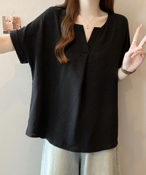 Diosfront(ディオスフロント)の「袖折り返しスキッパネック半袖ブラウス(シャツ/ブラウス・レディース・ホワイト/ブラック/オレンジ・FREE)」の5枚目の写真