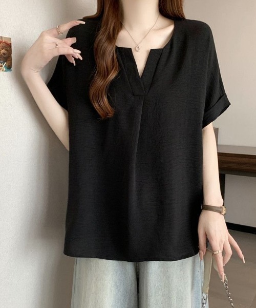 Diosfront(ディオスフロント)の「袖折り返しスキッパネック半袖ブラウス(シャツ/ブラウス・レディース・ホワイト/ブラック/オレンジ・FREE)」の7枚目の写真