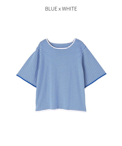 STYLE DELI(スタイルデリ)の「薄手シャリ感フレアスリーブトップス(Tシャツ/カットソー・レディース・ホワイト/ホワイト×ブラック/ホワイト×ブルー・M)」の7枚目の写真