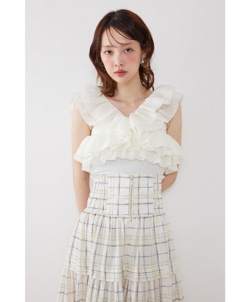 rienda（リエンダ）の「オフショルフリルカットトップス　夏服（Tシャツ/カットソー・レディース・ライトイエロー/ブラック/ホワイト・FREE）」の2枚目の写真