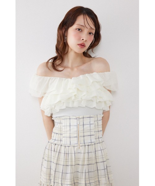 rienda（リエンダ）の「オフショルフリルカットトップス　夏服（Tシャツ/カットソー・レディース・ライトイエロー/ブラック/ホワイト・FREE）」の19枚目の写真