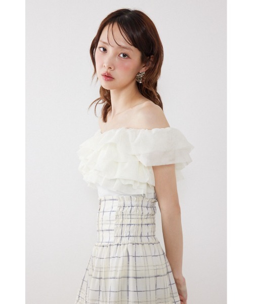 rienda（リエンダ）の「オフショルフリルカットトップス　夏服（Tシャツ/カットソー・レディース・ライトイエロー/ブラック/ホワイト・FREE）」の10枚目の写真