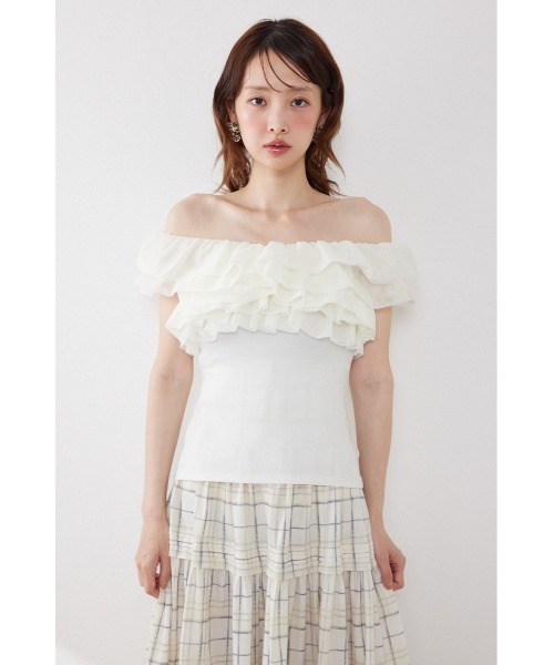 rienda（リエンダ）の「オフショルフリルカットトップス　夏服（Tシャツ/カットソー・レディース・ライトイエロー/ブラック/ホワイト・FREE）」の11枚目の写真