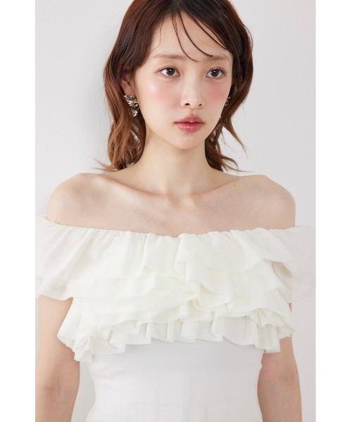 rienda（リエンダ）の「オフショルフリルカットトップス　夏服（Tシャツ/カットソー・レディース・ライトイエロー/ブラック/ホワイト・FREE）」の4枚目の写真