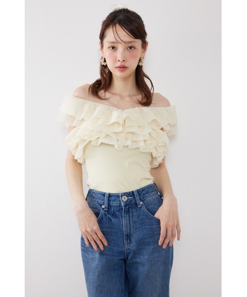 rienda（リエンダ）の「オフショルフリルカットトップス　夏服（Tシャツ/カットソー・レディース・ライトイエロー/ブラック/ホワイト・FREE）」の22枚目の写真