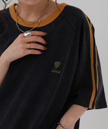 ピグメント加工 ハート刺繍リンガーTシャツ 半袖
