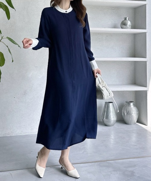umune(ウムネ)の「きれいめシルエットで魅せる♪デイリーからお出かけまで活躍するクレリックワンピース(ワンピース・レディース・グレー/ネイビー・FREE)」の6枚目の写真
