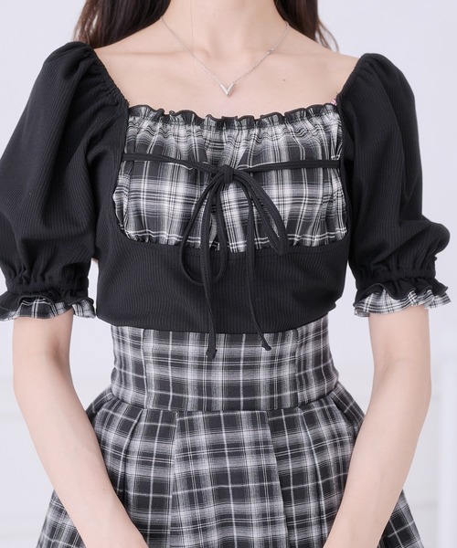 Pal elfy(パルエルフィー)の「エプロンデザインリボントップス(Tシャツ/カットソー・レディース・ブルー/ブラック/オフホワイト/ピンク・フリー)」の6枚目の写真