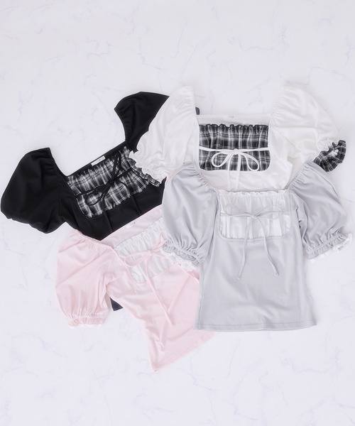 Pal elfy(パルエルフィー)の「エプロンデザインリボントップス(Tシャツ/カットソー・レディース・ブルー/ブラック/オフホワイト/ピンク・フリー)」の9枚目の写真