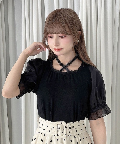 F i.n.t(フィント)の「フリルチョーカーシアースリーブカットトップス/fint フィント(Tシャツ/カットソー・レディース・ピンク/ブラック/アイボリー・FREE)」の3枚目の写真