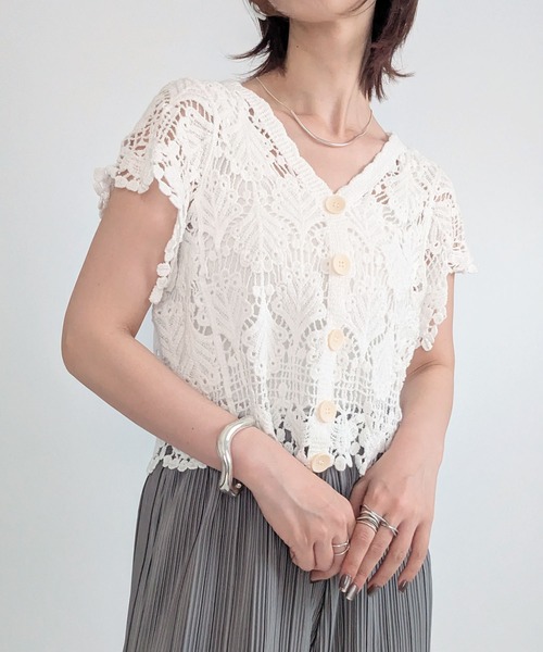 styiro(スタイロ)の「刺繍柄メッシュニットカーディガン(カーディガン/ボレロ・レディース・ベージュ系2/ホワイト系2/ベージュ/ホワイト・FREE)」の3枚目の写真