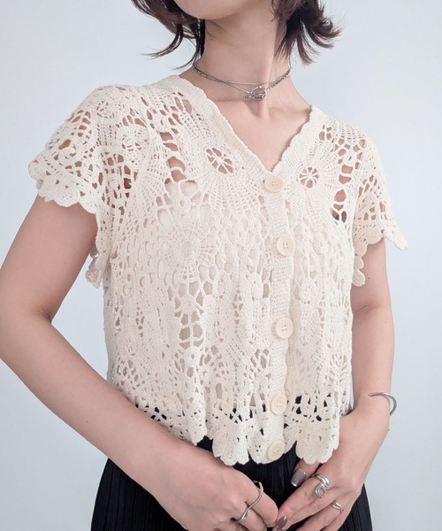 styiro(スタイロ)の「刺繍柄メッシュニットカーディガン(カーディガン/ボレロ・レディース・ベージュ系2/ホワイト系2/ベージュ/ホワイト・FREE)」の4枚目の写真
