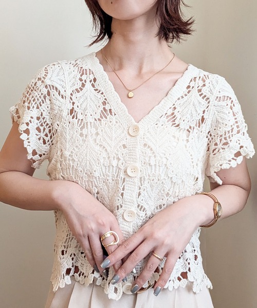 styiro(スタイロ)の「刺繍柄メッシュニットカーディガン(カーディガン/ボレロ・レディース・ベージュ系2/ホワイト系2/ベージュ/ホワイト・FREE)」の6枚目の写真