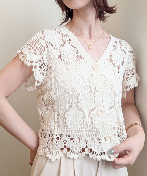 styiro(スタイロ)の「刺繍柄メッシュニットカーディガン(カーディガン/ボレロ・レディース・ベージュ系2/ホワイト系2/ベージュ/ホワイト・FREE)」の9枚目の写真