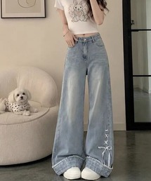 リボンデザインワイドデニムパンツ