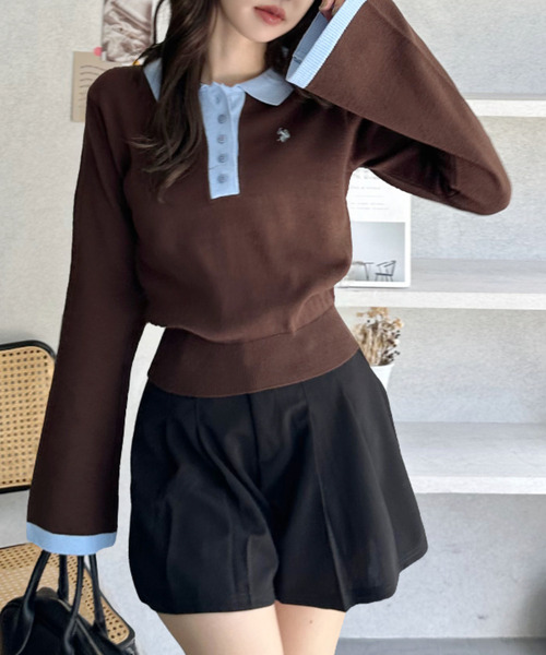 U.S. POLO ASSN.（ユーエスポロアッスン）の「【Ada.別注 U.S. POLO ASSN.】 バイカラー ポロ襟 フレアスリーブ ニット（ポロシャツ・レディース・ブラウン/ネイビー・L/M）」の17枚目の写真