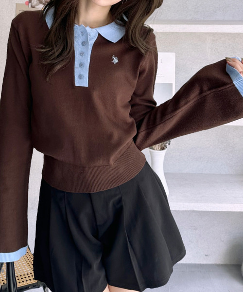 U.S. POLO ASSN.（ユーエスポロアッスン）の「【Ada.別注 U.S. POLO ASSN.】 バイカラー ポロ襟 フレアスリーブ ニット（ポロシャツ・レディース・ブラウン/ネイビー・L/M）」の18枚目の写真