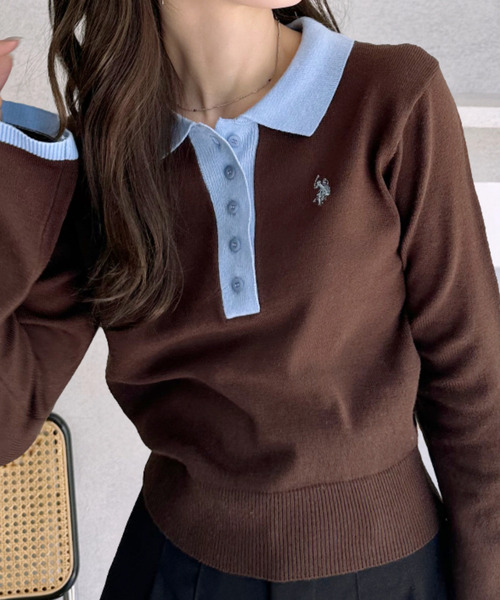 U.S. POLO ASSN.（ユーエスポロアッスン）の「【Ada.別注 U.S. POLO ASSN.】 バイカラー ポロ襟 フレアスリーブ ニット（ポロシャツ・レディース・ブラウン/ネイビー・L/M）」の12枚目の写真