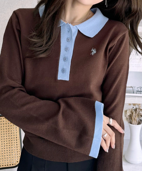 U.S. POLO ASSN.（ユーエスポロアッスン）の「【Ada.別注 U.S. POLO ASSN.】 バイカラー ポロ襟 フレアスリーブ ニット（ポロシャツ・レディース・ブラウン/ネイビー・L/M）」の13枚目の写真