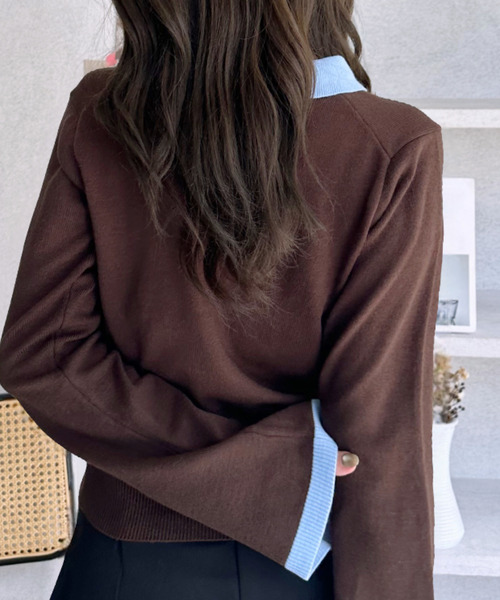 U.S. POLO ASSN.（ユーエスポロアッスン）の「【Ada.別注 U.S. POLO ASSN.】 バイカラー ポロ襟 フレアスリーブ ニット（ポロシャツ・レディース・ブラウン/ネイビー・L/M）」の15枚目の写真