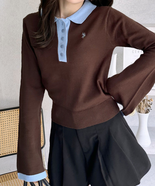 U.S. POLO ASSN.（ユーエスポロアッスン）の「【Ada.別注 U.S. POLO ASSN.】 バイカラー ポロ襟 フレアスリーブ ニット（ポロシャツ・レディース・ブラウン/ネイビー・L/M）」の19枚目の写真