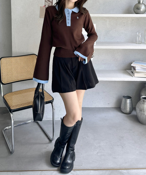 U.S. POLO ASSN.（ユーエスポロアッスン）の「【Ada.別注 U.S. POLO ASSN.】 バイカラー ポロ襟 フレアスリーブ ニット（ポロシャツ・レディース・ブラウン/ネイビー・L/M）」の16枚目の写真