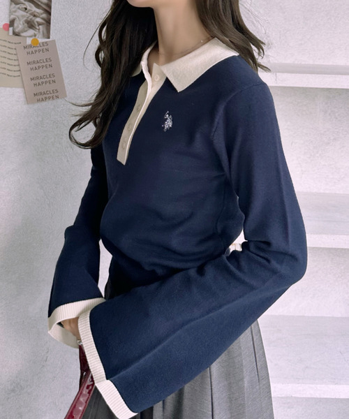 U.S. POLO ASSN.（ユーエスポロアッスン）の「【Ada.別注 U.S. POLO ASSN.】 バイカラー ポロ襟 フレアスリーブ ニット（ポロシャツ・レディース・ブラウン/ネイビー・L/M）」の7枚目の写真
