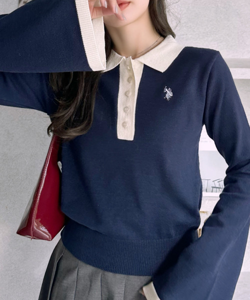 U.S. POLO ASSN.（ユーエスポロアッスン）の「【Ada.別注 U.S. POLO ASSN.】 バイカラー ポロ襟 フレアスリーブ ニット（ポロシャツ・レディース・ブラウン/ネイビー・L/M）」の10枚目の写真