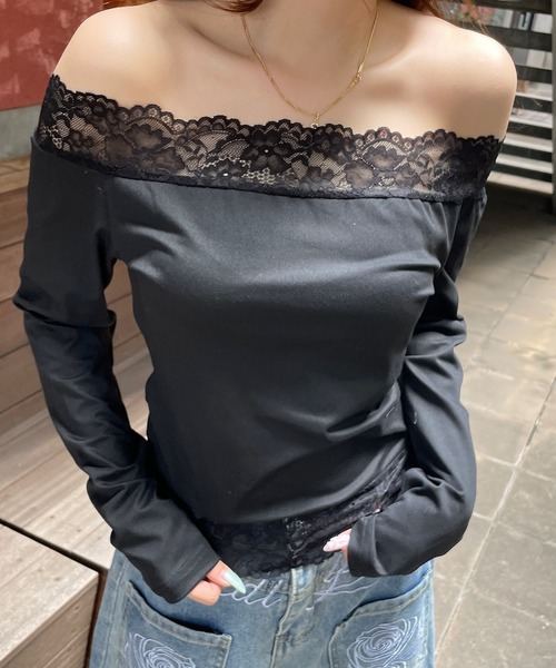 ROGER AND RAW(ロジャーアンドロウ)の「レース切替長袖オフショルトップス(Tシャツ/カットソー・レディース・ブラウン/ホワイト/ブラック・FREE)」の5枚目の写真