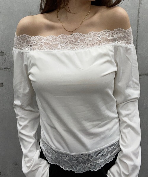 ROGER AND RAW(ロジャーアンドロウ)の「レース切替長袖オフショルトップス(Tシャツ/カットソー・レディース・ブラウン/ホワイト/ブラック・FREE)」の11枚目の写真