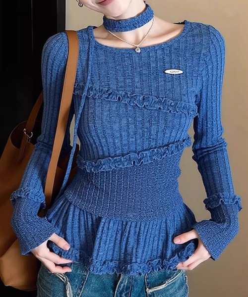 AVYL(アヴィル)の「タイ付き メロウフリルペプラムリブニット(ニット/セーター・レディース・ブルー/グレー・M)」の5枚目の写真